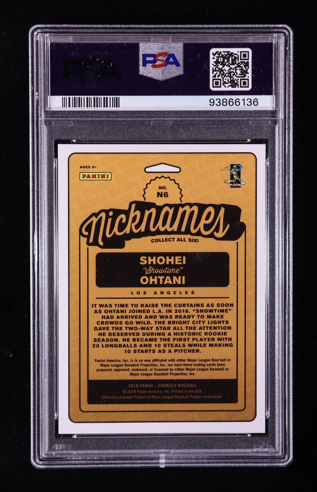 Shohei Ohtani 2019 Panini Donruss Nicknames Showtime #N-6 #029/999 (PSA 10) at PristineAuction.com Shohei Ohtani 2019 Panini Donruss Nicknames Showtime #N-6 #029/999 (PSA 10) at PristineAuction.com