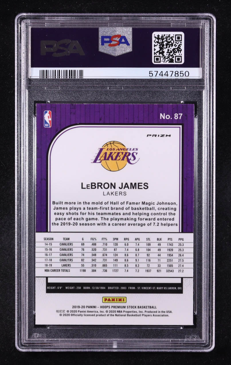 LeBron James 2019-20 Hoops Premium Stock Prizms Pulsar #87 (PSA 9) at PristineAuction.com LeBron James 2019-20 Hoops Premium Stock Prizms Pulsar #87 (PSA 9) at PristineAuction.com