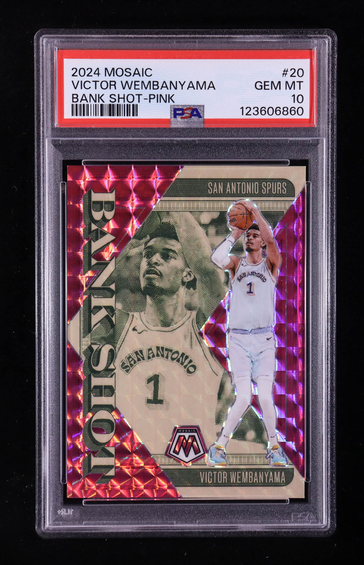 Victor Wembanyama 2024-25 Panini Mosaic Bank Shot Pink #20 #123/149 (PSA 10) at PristineAuction.com Victor Wembanyama 2024-25 Panini Mosaic Bank Shot Pink #20 #123/149 (PSA 10) at PristineAuction.com