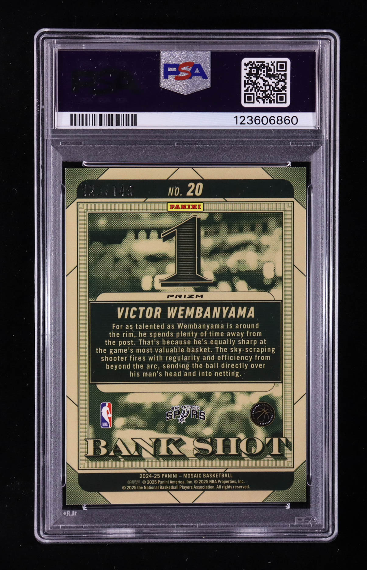 Victor Wembanyama 2024-25 Panini Mosaic Bank Shot Pink #20 #123/149 (PSA 10) at PristineAuction.com Victor Wembanyama 2024-25 Panini Mosaic Bank Shot Pink #20 #123/149 (PSA 10) at PristineAuction.com