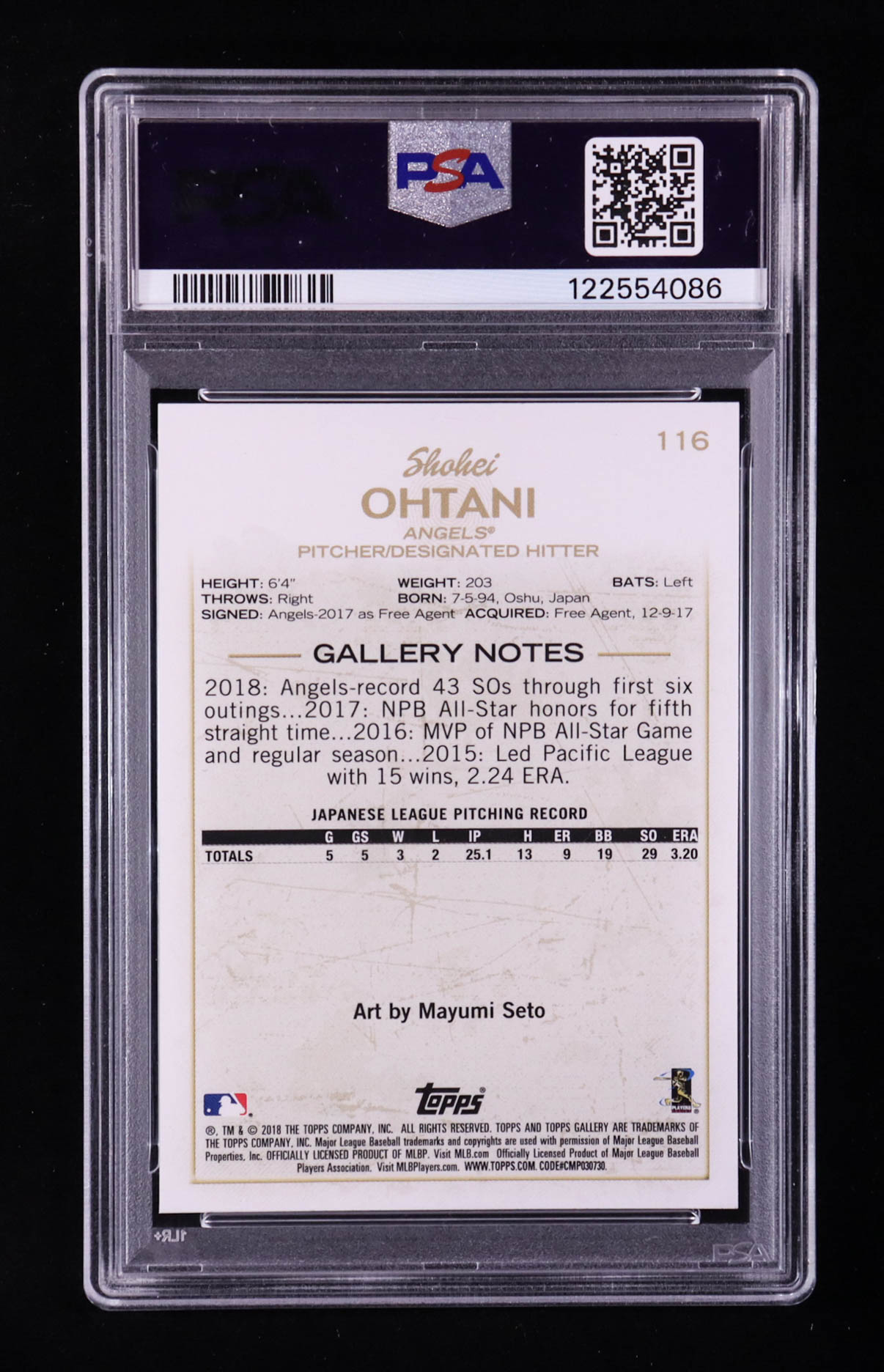 Shohei Ohtani 2018 Topps Gallery #116 RC (PSA 10) at PristineAuction.com Shohei Ohtani 2018 Topps Gallery #116 RC (PSA 10) at PristineAuction.com