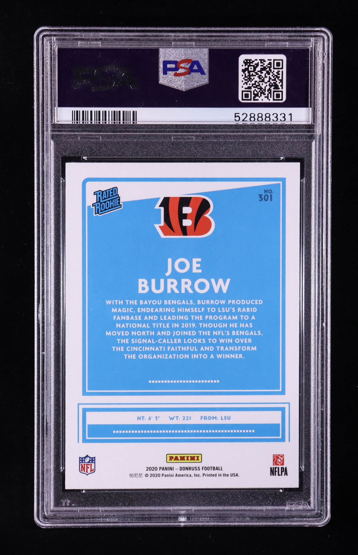 Joe Burrow 2020 Panini Donruss RR #301 RC (PSA 10) at PristineAuction.com Joe Burrow 2020 Panini Donruss RR #301 RC (PSA 10) at PristineAuction.com