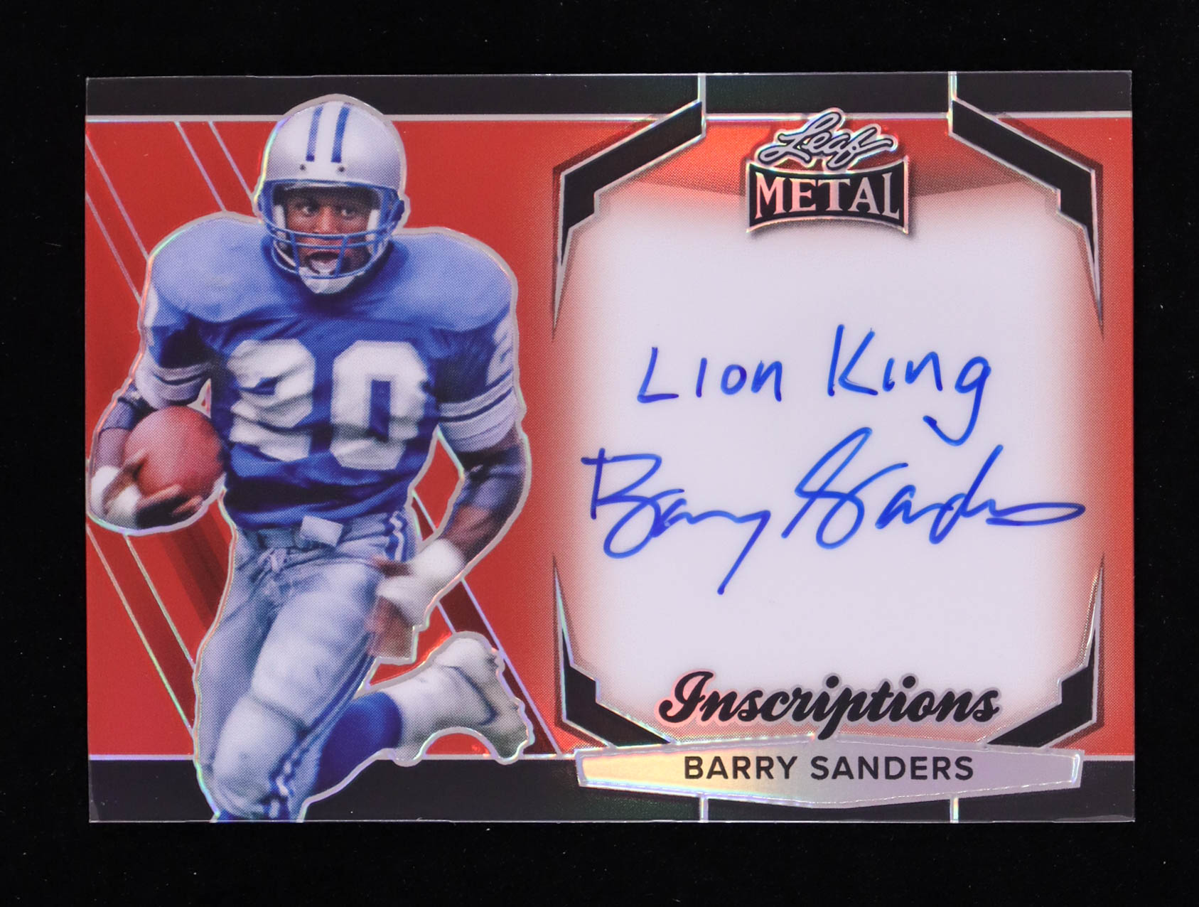 Barry Sanders 2024 Leaf Metal Inscriptions Prismatic Red #MIBS1 #052/100 at PristineAuction.com Barry Sanders 2024 Leaf Metal Inscriptions Prismatic Red #MIBS1 #052/100 at PristineAuction.com