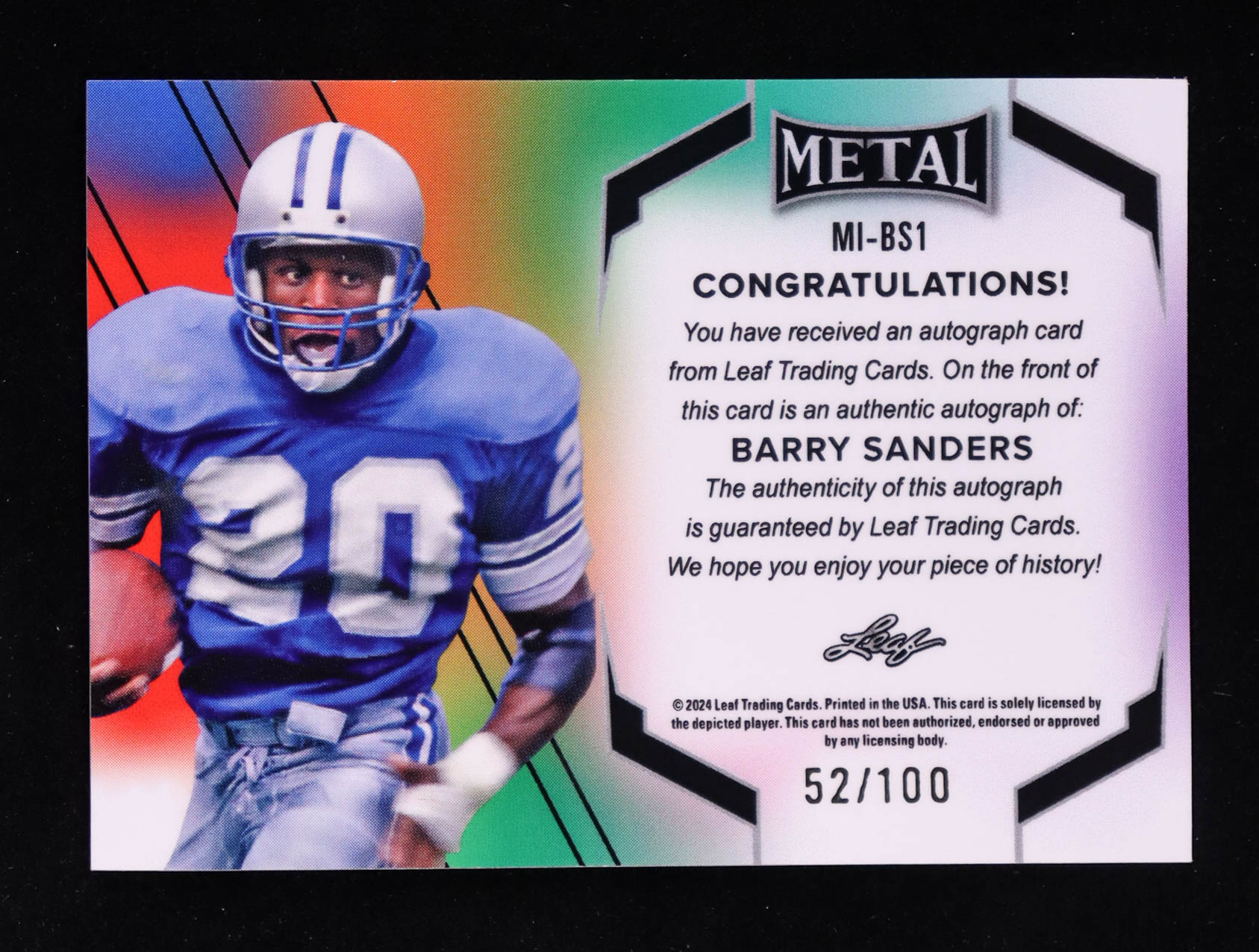 Barry Sanders 2024 Leaf Metal Inscriptions Prismatic Red #MIBS1 #052/100 at PristineAuction.com Barry Sanders 2024 Leaf Metal Inscriptions Prismatic Red #MIBS1 #052/100 at PristineAuction.com