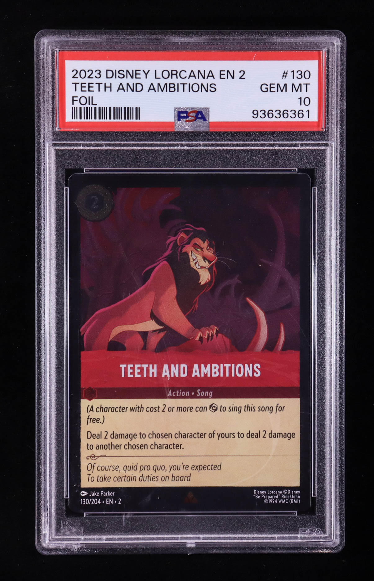 Scar 2023 Disney Lorcana Teeth and Ambitions Foil EN 2 #130 (PSA 10) at PristineAuction.com Scar 2023 Disney Lorcana Teeth and Ambitions Foil EN 2 #130 (PSA 10) at PristineAuction.com