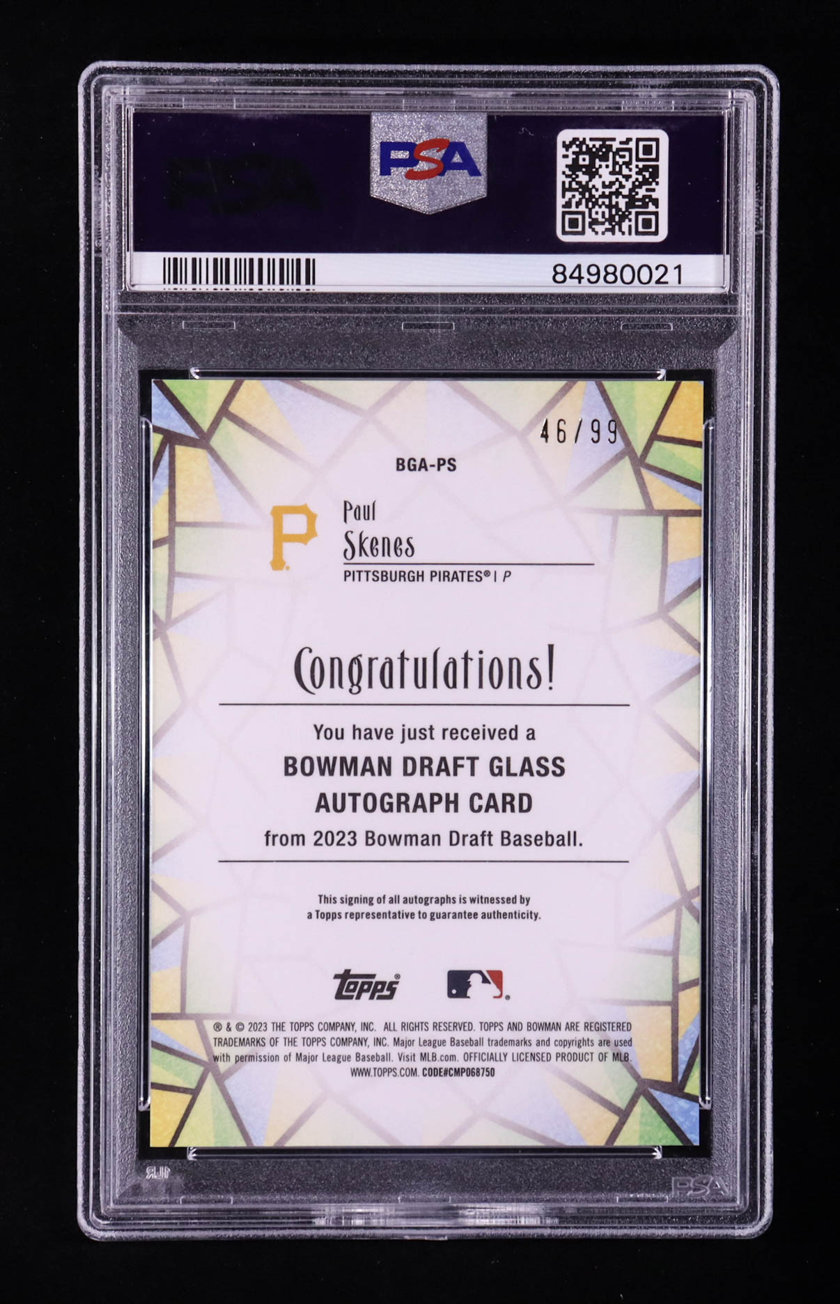 Paul Skenes 2023 Bowman Draft Glass Autograph #BGA-PS RC #46/99 (PSA 10) at PristineAuction.com Paul Skenes 2023 Bowman Draft Glass Autograph #BGA-PS RC #46/99 (PSA 10) at PristineAuction.com