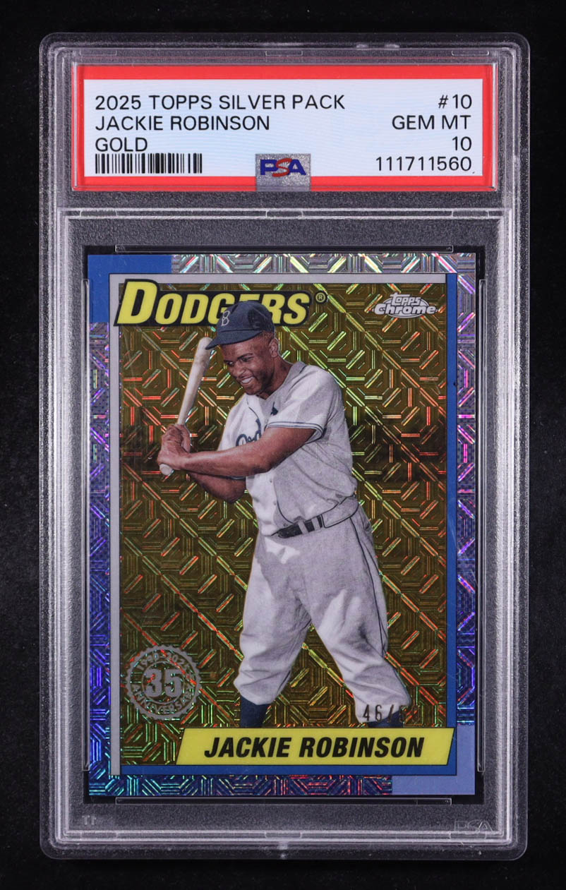 Jackie Robinson 2025 Topps '90 Topps Silver Pack Chrome Gold Refractors #T90C10 #46/50 (PSA 10) at PristineAuction.com Jackie Robinson 2025 Topps '90 Topps Silver Pack Chrome Gold Refractors #T90C10 #46/50 (PSA 10) at PristineAuction.com