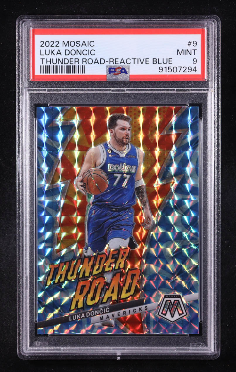 Luka Doncic 2022-23 Panini Mosaic Thunder Road Mosaic Reactive Blue #9 #10/99 (PSA 9) at PristineAuction.com Luka Doncic 2022-23 Panini Mosaic Thunder Road Mosaic Reactive Blue #9 #10/99 (PSA 9) at PristineAuction.com