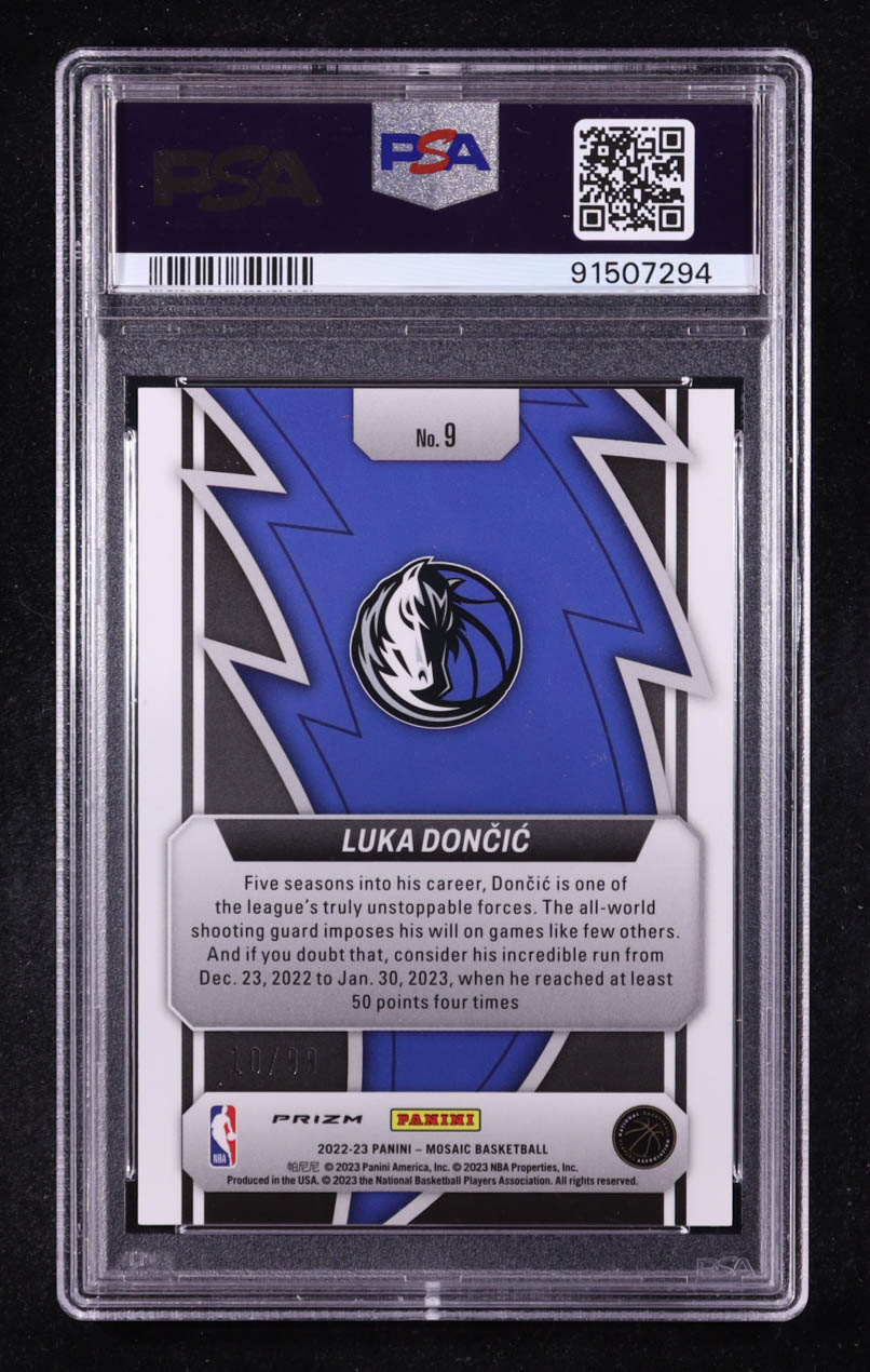 Luka Doncic 2022-23 Panini Mosaic Thunder Road Mosaic Reactive Blue #9 #10/99 (PSA 9) at PristineAuction.com Luka Doncic 2022-23 Panini Mosaic Thunder Road Mosaic Reactive Blue #9 #10/99 (PSA 9) at PristineAuction.com