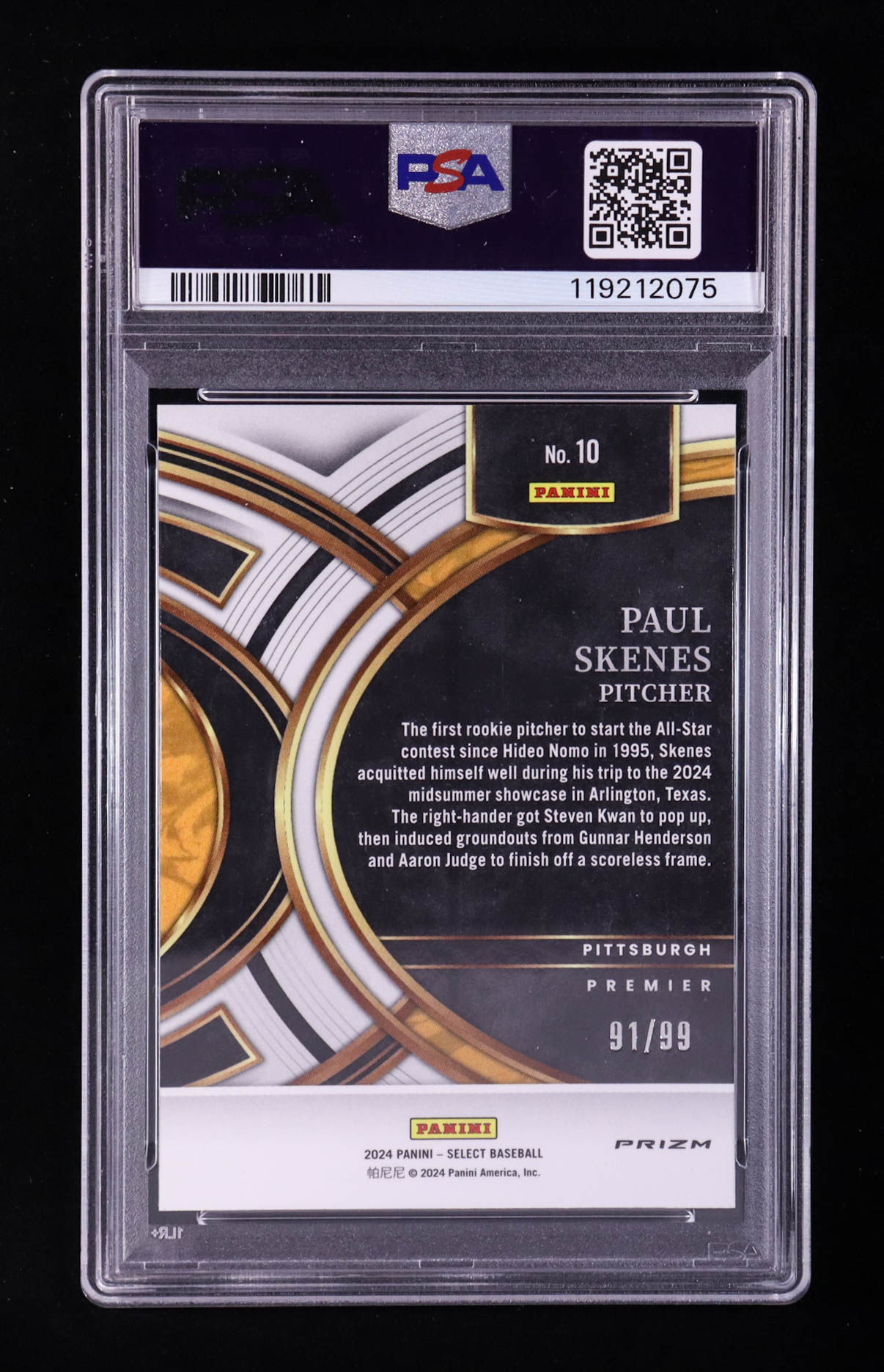 Paul Skenes 2024 Panini Select Premier Level Purple Prizm #10 RC #91/99 (PSA 10) at PristineAuction.com Paul Skenes 2024 Panini Select Premier Level Purple Prizm #10 RC #91/99 (PSA 10) at PristineAuction.com