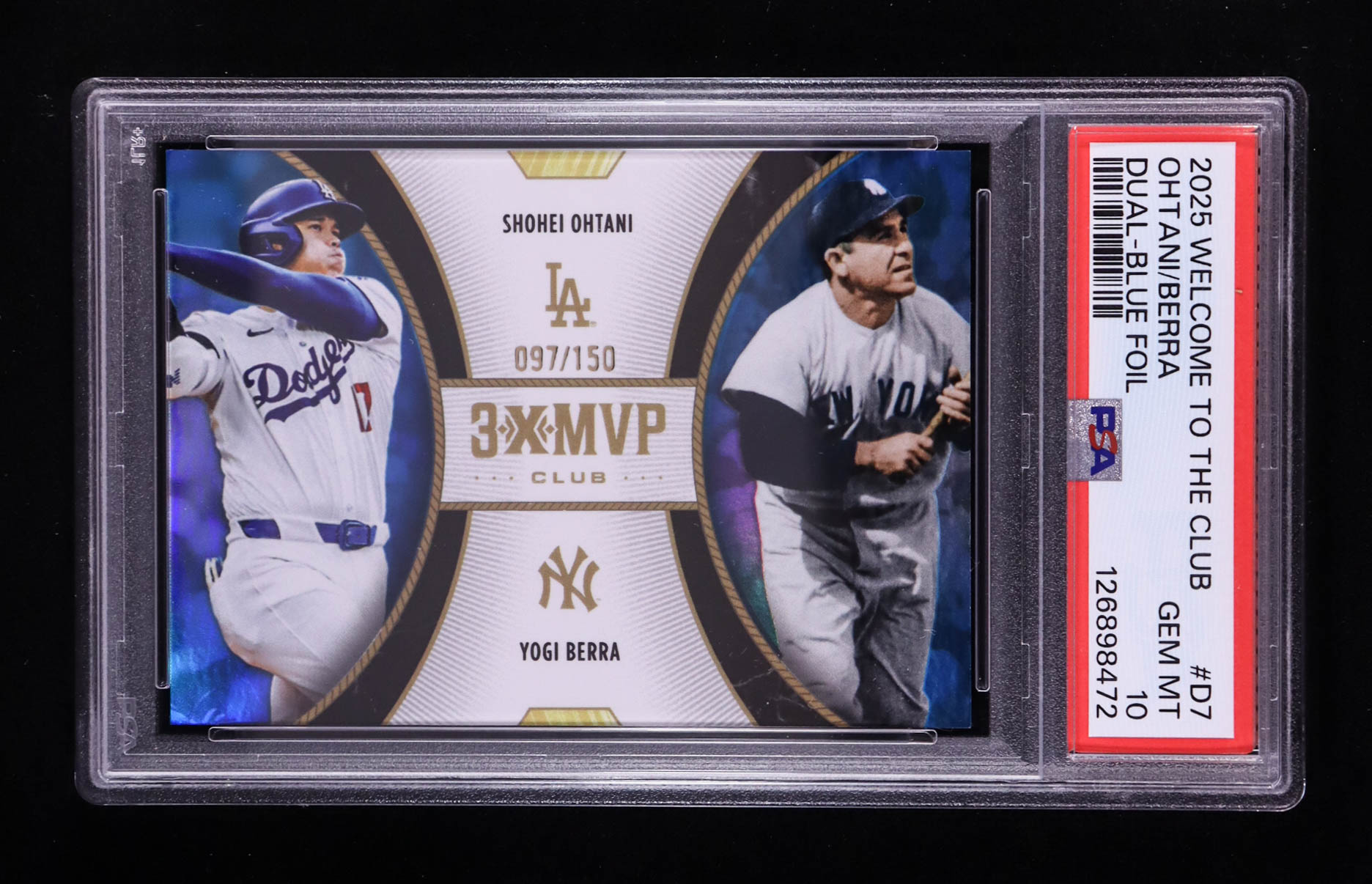 Shohei Ohtani / Yogi Berra 2025 Topps Welcome To The Club Dual Blue Foil 3X MVP #D-7 #097/250 (PSA 10) at PristineAuction.com Shohei Ohtani / Yogi Berra 2025 Topps Welcome To The Club Dual Blue Foil 3X MVP #D-7 #097/250 (PSA 10) at PristineAuction.com