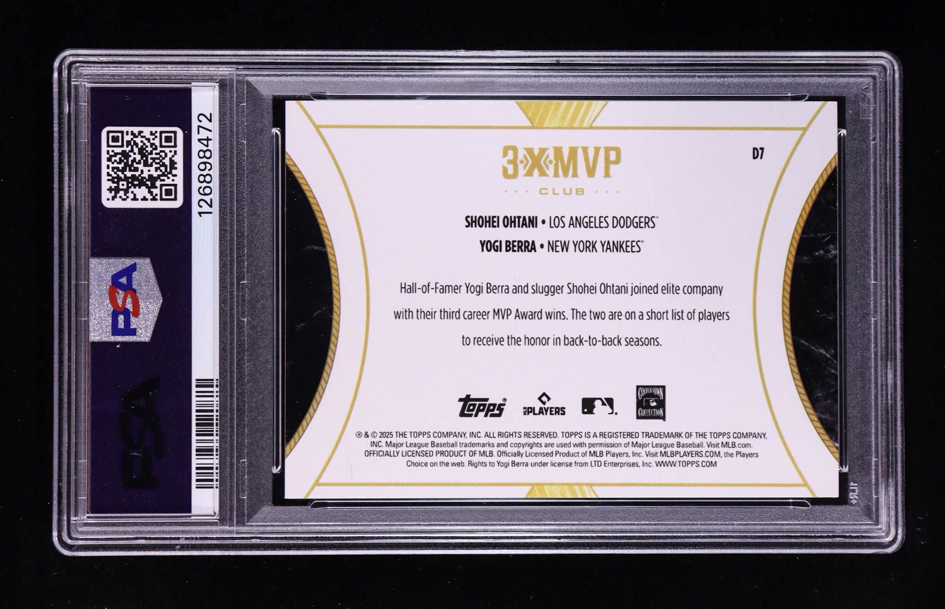 Shohei Ohtani / Yogi Berra 2025 Topps Welcome To The Club Dual Blue Foil 3X MVP #D-7 #097/250 (PSA 10) at PristineAuction.com Shohei Ohtani / Yogi Berra 2025 Topps Welcome To The Club Dual Blue Foil 3X MVP #D-7 #097/250 (PSA 10) at PristineAuction.com
