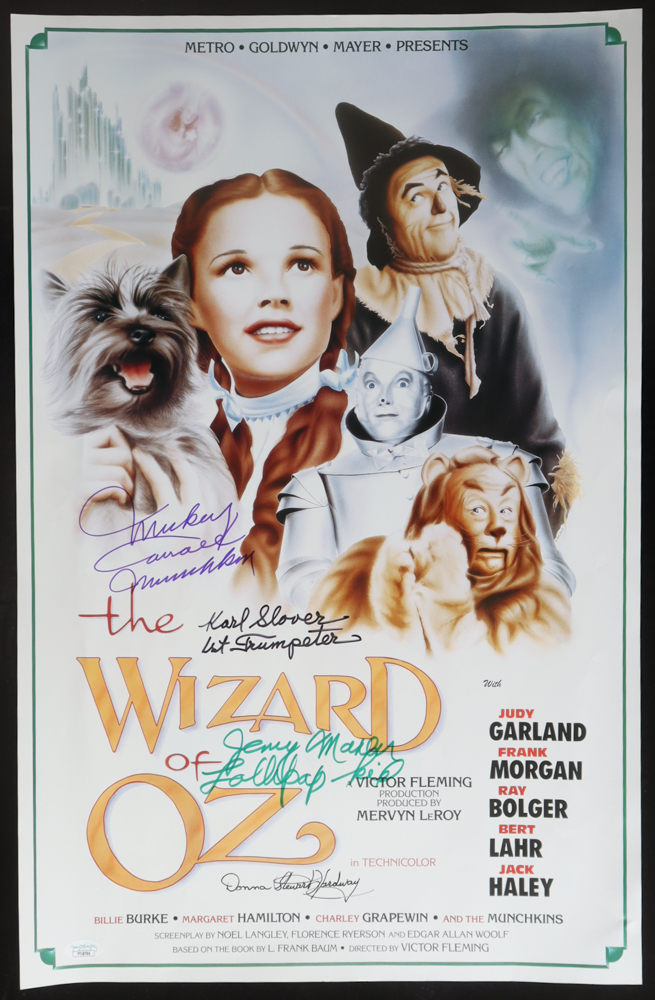 "The Wizard of Oz" 16x24 Poster Cast-Signed by (4) with Mickey Carroll, Jerry Maren, Karl Slover, & Donna Stewart Hardway Inscribed "Munchkin", "1st Trumpeter", & "Lollipop Kid" (JSA) at PristineAuction.com "The Wizard of Oz" 16x24 Poster Cast-Signed by (4) with Mickey Carroll, Jerry Maren, Karl Slover, & Donna Stewart Hardway Inscribed "Munchkin", "1st Trumpeter", & "Lollipop Kid" (JSA) at PristineAuction.com