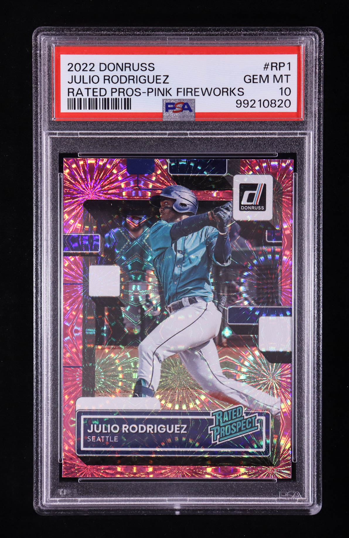 Julio Rodriguez 2022 Donruss Rated Prospects Pink Fireworks #1 RC (PSA 10) at PristineAuction.com Julio Rodriguez 2022 Donruss Rated Prospects Pink Fireworks #1 RC (PSA 10) at PristineAuction.com