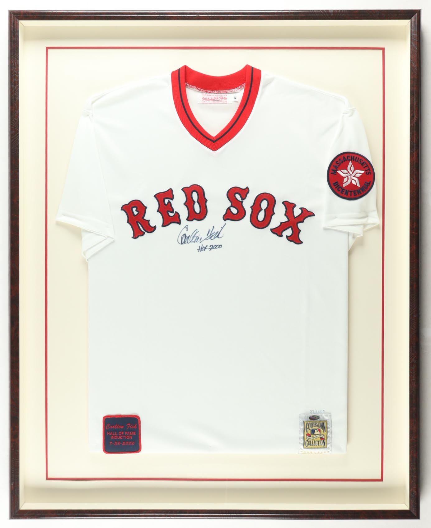 Carlton Fisk Signed Red Sox Custom Framed Jersey Inscribed "HOF 2000" (Steiner) at PristineAuction.com Carlton Fisk Signed Red Sox Custom Framed Jersey Inscribed "HOF 2000" (Steiner) at PristineAuction.com