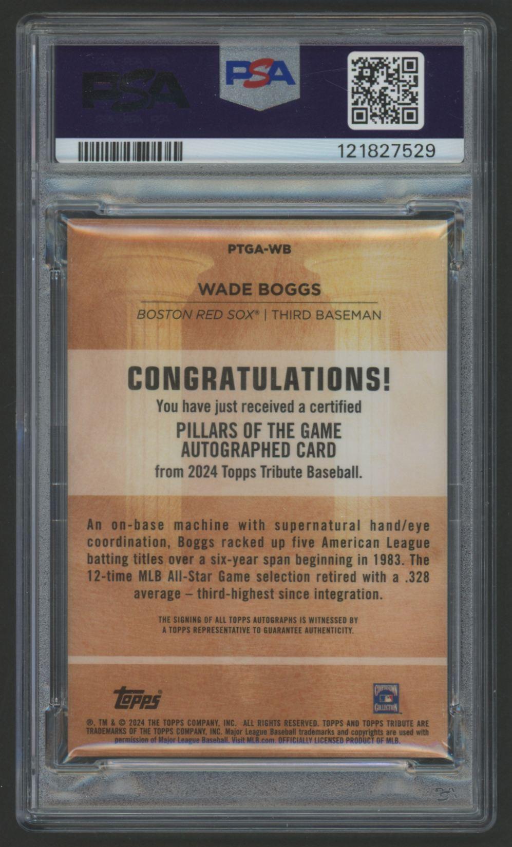 Wade Boggs 2024 Topps Tribute Pillars of the Game Autograph #WB #67/75 (PSA 8 | Auto 10) at PristineAuction.com Wade Boggs 2024 Topps Tribute Pillars of the Game Autograph #WB #67/75 (PSA 8 | Auto 10) at PristineAuction.com