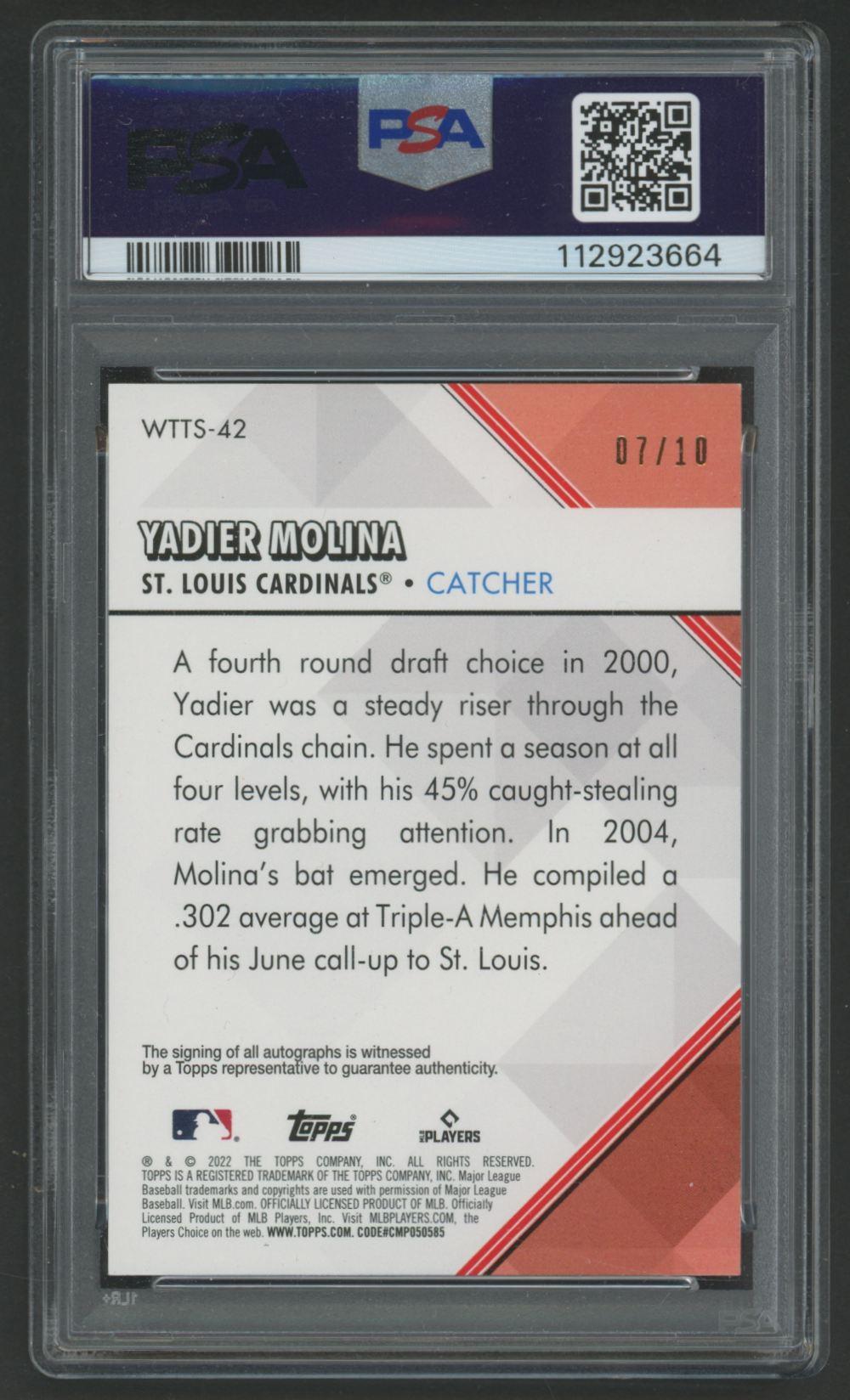 Yadier Molina 2022 Topps Welcome to the Show Autographs #WTTS42 #7/10 (PSA 8 | Auto 10) at PristineAuction.com Yadier Molina 2022 Topps Welcome to the Show Autographs #WTTS42 #7/10 (PSA 8 | Auto 10) at PristineAuction.com