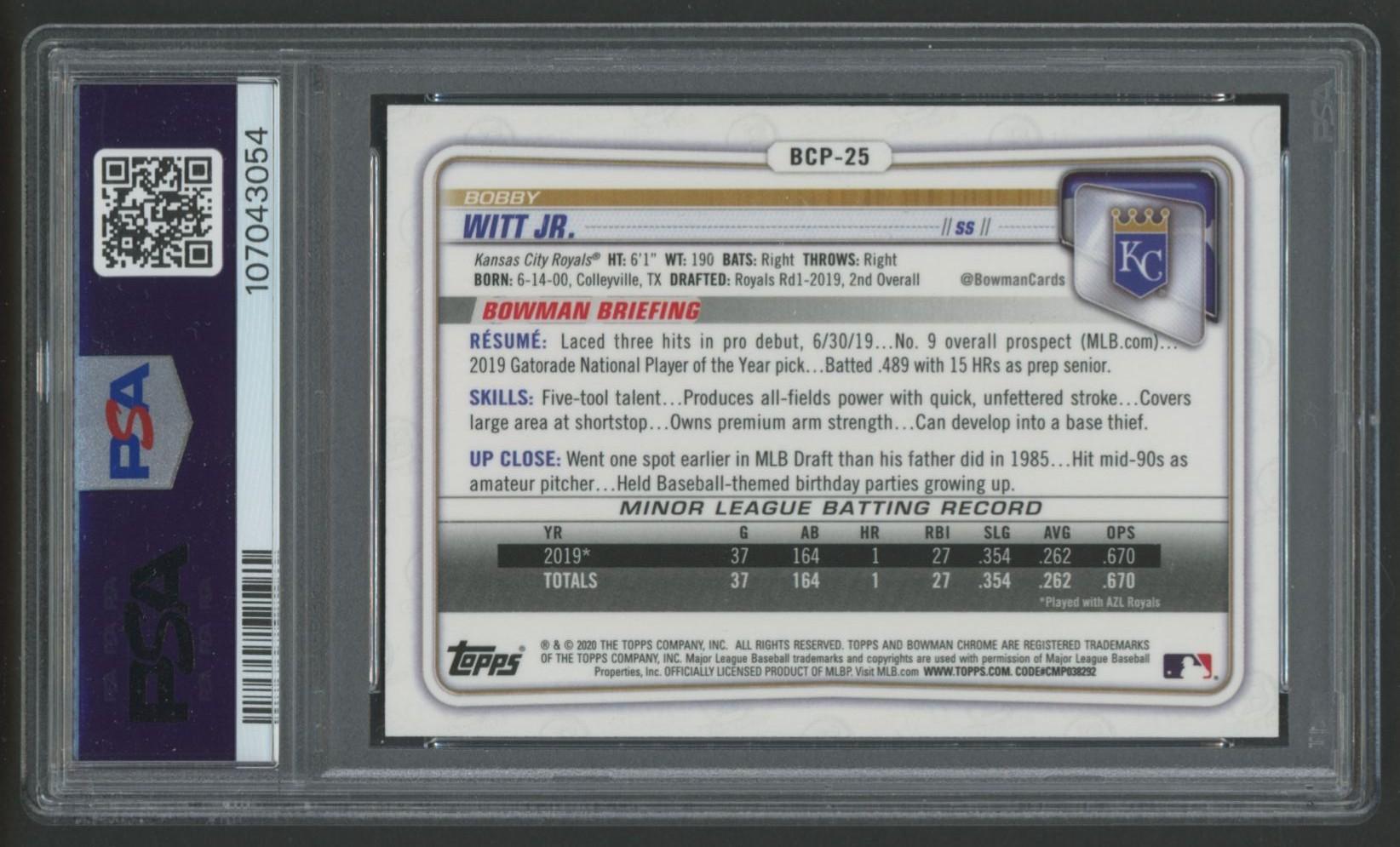 Bobby Witt Jr. 2020 Bowman Chrome Prospects #BCP52 (PSA 9) at PristineAuction.com Bobby Witt Jr. 2020 Bowman Chrome Prospects #BCP52 (PSA 9) at PristineAuction.com