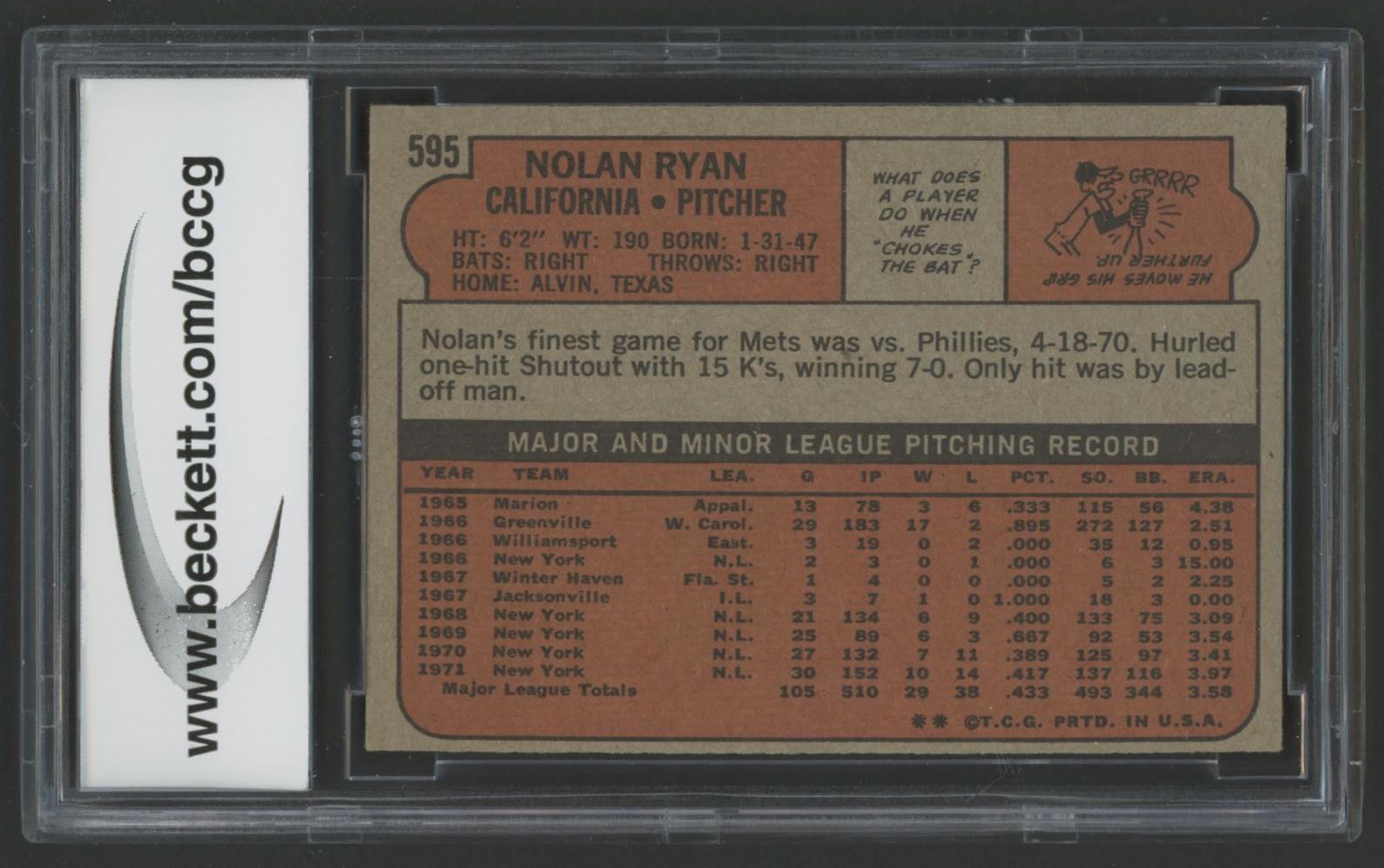 Nolan Ryan 1972 Topps #595 (BCCG 9) at PristineAuction.com Nolan Ryan 1972 Topps #595 (BCCG 9) at PristineAuction.com