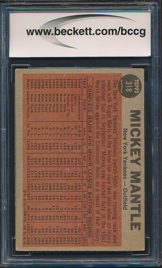 Mickey Mantle 1962 Topps #318 IA (BCCG 8) at PristineAuction.com Mickey Mantle 1962 Topps #318 IA (BCCG 8) at PristineAuction.com