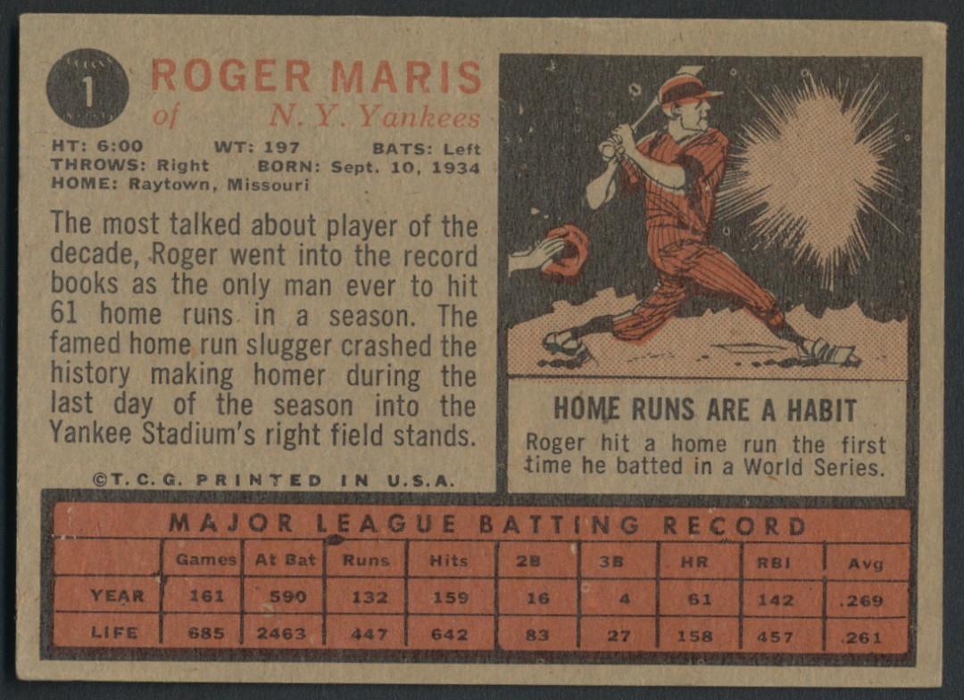 Roger Maris 1962 Topps #1 at PristineAuction.com Roger Maris 1962 Topps #1 at PristineAuction.com