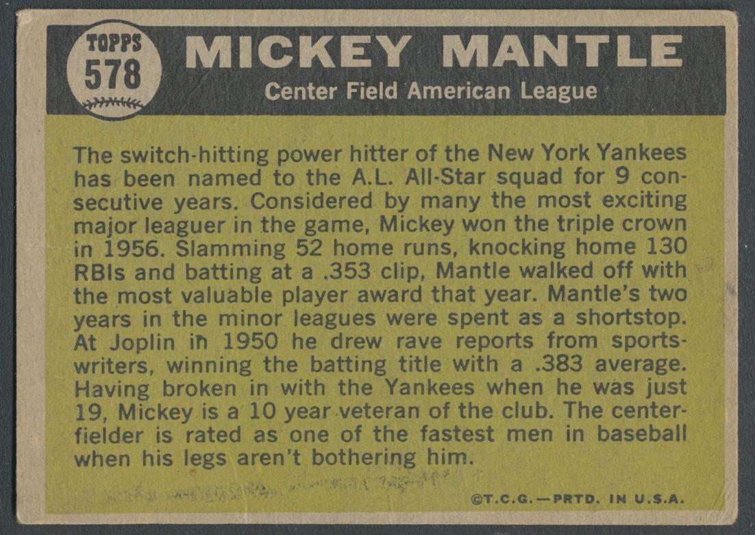 Mickey Mantle 1961 Topps #578 AS at PristineAuction.com Mickey Mantle 1961 Topps #578 AS at PristineAuction.com