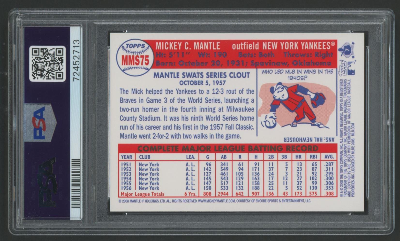 Mickey Mantle 2008 Topps Mickey Mantle Story #MMS75 (PSA 10) at PristineAuction.com Mickey Mantle 2008 Topps Mickey Mantle Story #MMS75 (PSA 10) at PristineAuction.com