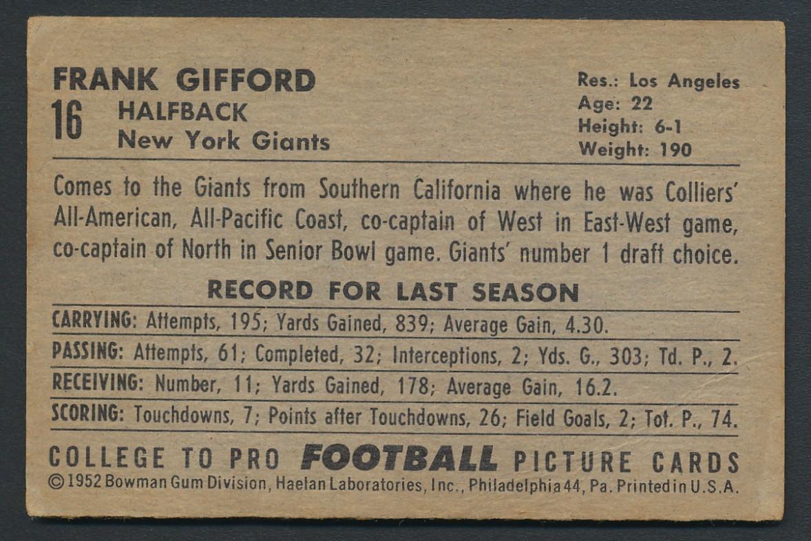 Frank Gifford 1952 Bowman Large #16 RC at PristineAuction.com Frank Gifford 1952 Bowman Large #16 RC at PristineAuction.com