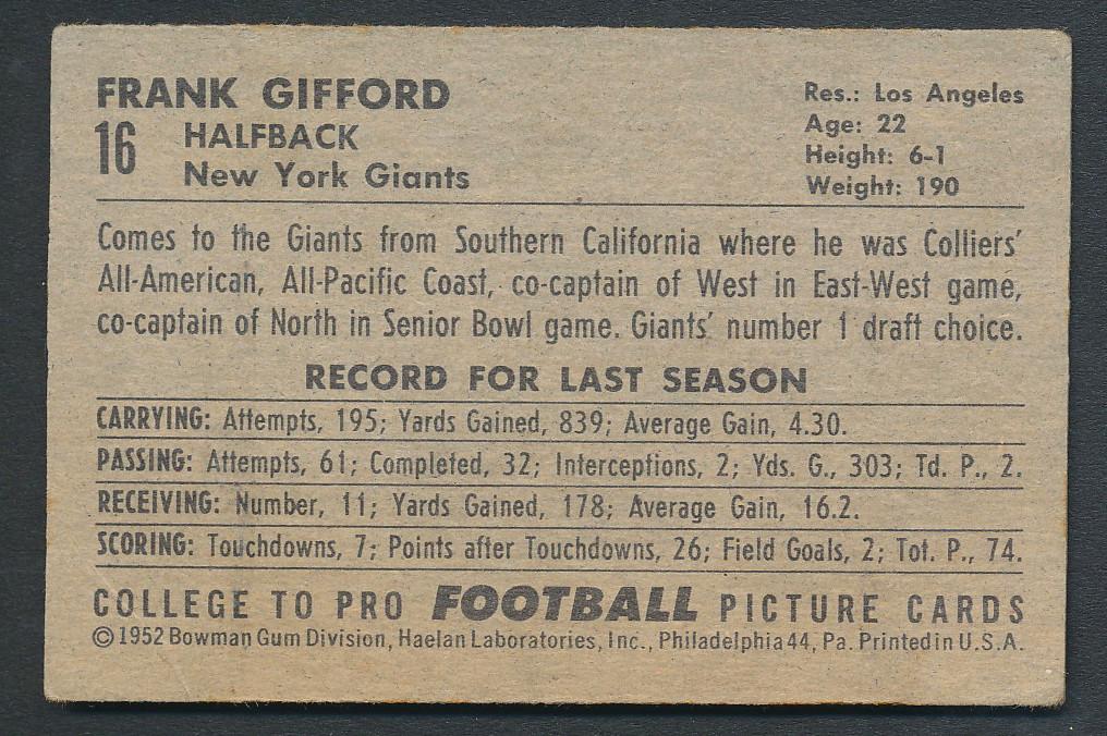 Frank Gifford 1952 Bowman Small #16 RC at PristineAuction.com Frank Gifford 1952 Bowman Small #16 RC at PristineAuction.com