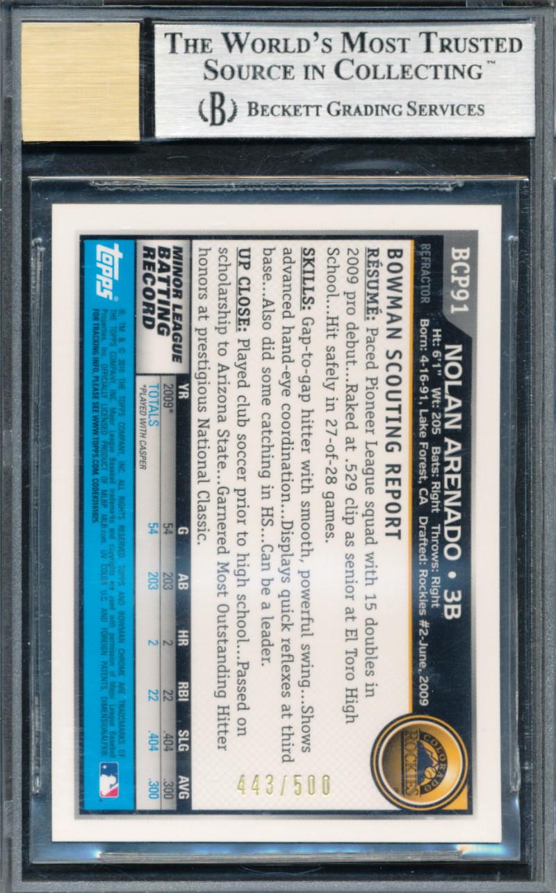 Nolan Arenado 2010 Bowman Chrome Prospects Refractors AU #BCP91B #443/500 (BGS 9 | Autograph Graded 10) at PristineAuction.com Nolan Arenado 2010 Bowman Chrome Prospects Refractors AU #BCP91B #443/500 (BGS 9 | Autograph Graded 10) at PristineAuction.com
