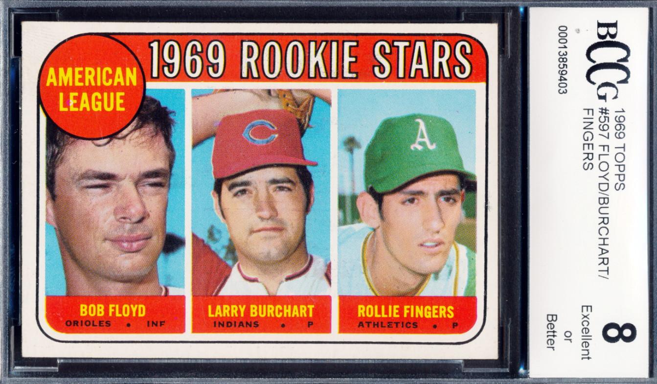 Bob Floyd / Larry Burchart / Rollie Fingers 1969 Topps #597 Rookie Stars RC (BCCG 8) at PristineAuction.com Bob Floyd / Larry Burchart / Rollie Fingers 1969 Topps #597 Rookie Stars RC (BCCG 8) at PristineAuction.com