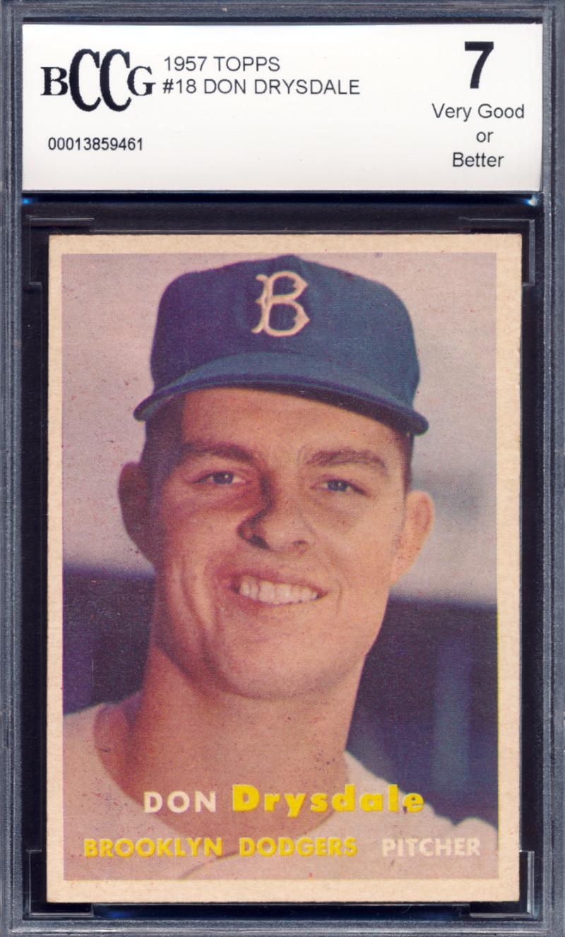 Don Drysdale 1957 Topps #18 RC (BCCG 7) at PristineAuction.com Don Drysdale 1957 Topps #18 RC (BCCG 7) at PristineAuction.com