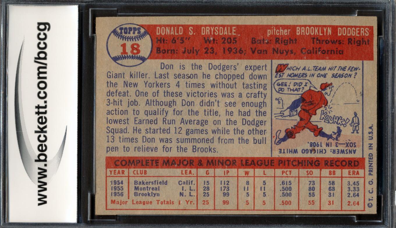 Don Drysdale 1957 Topps #18 RC (BCCG 7) at PristineAuction.com Don Drysdale 1957 Topps #18 RC (BCCG 7) at PristineAuction.com