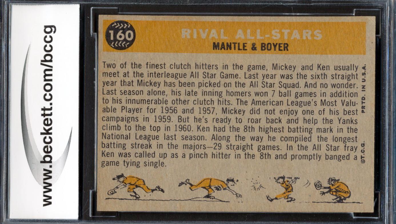 Mickey Mantle / Ken Boyer 1960 Topps #160 Rival All-Stars (BCCG 8) at PristineAuction.com Mickey Mantle / Ken Boyer 1960 Topps #160 Rival All-Stars (BCCG 8) at PristineAuction.com