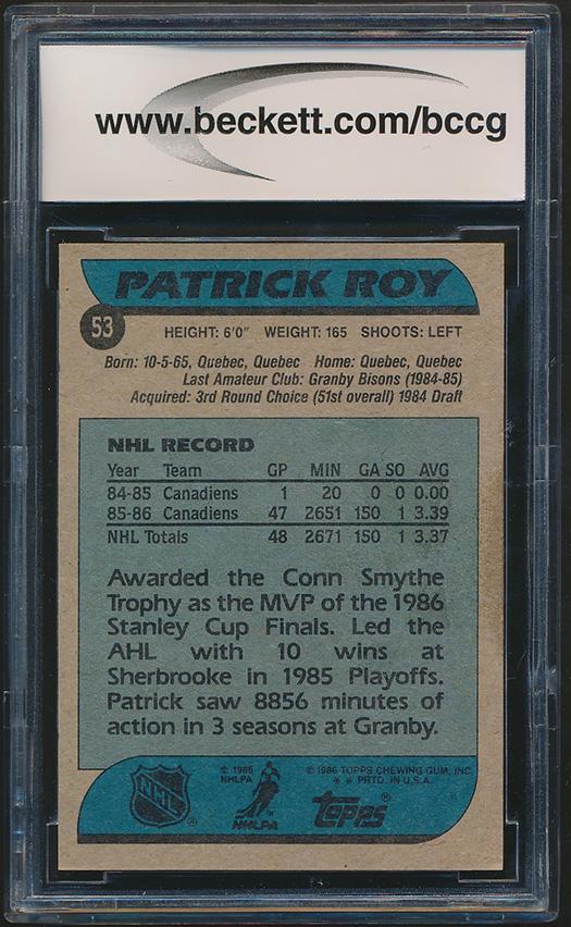 Patrick Roy 1986-87 Topps #53 RC (BCCG 9) at PristineAuction.com Patrick Roy 1986-87 Topps #53 RC (BCCG 9) at PristineAuction.com