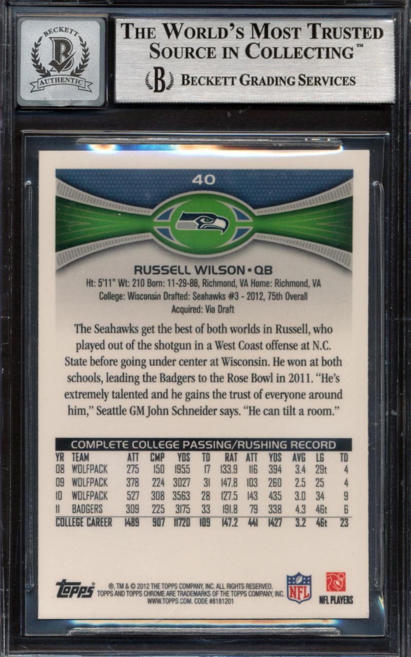 Russell Wilson Signed 2012 Topps Chrome #40A RC (BGS | Autograph Graded 10) at PristineAuction.com Russell Wilson Signed 2012 Topps Chrome #40A RC (BGS | Autograph Graded 10) at PristineAuction.com