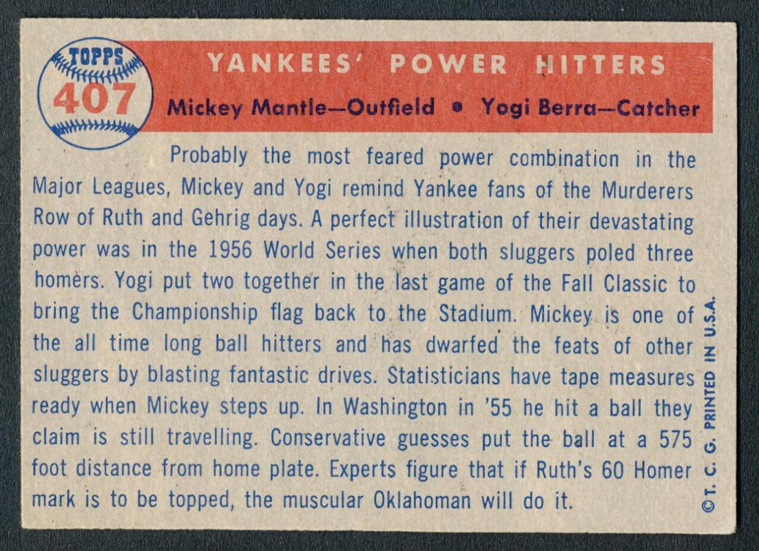 Mickey Mantle / Yogi Berra 1957 Topps #407 Yankees Power Hitters at PristineAuction.com Mickey Mantle / Yogi Berra 1957 Topps #407 Yankees Power Hitters at PristineAuction.com