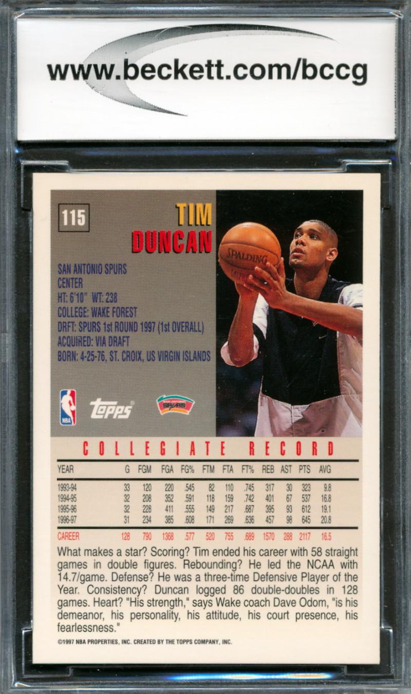 Tim Duncan 1997-98 Topps #115 RC (BCCG 10) at PristineAuction.com Tim Duncan 1997-98 Topps #115 RC (BCCG 10) at PristineAuction.com
