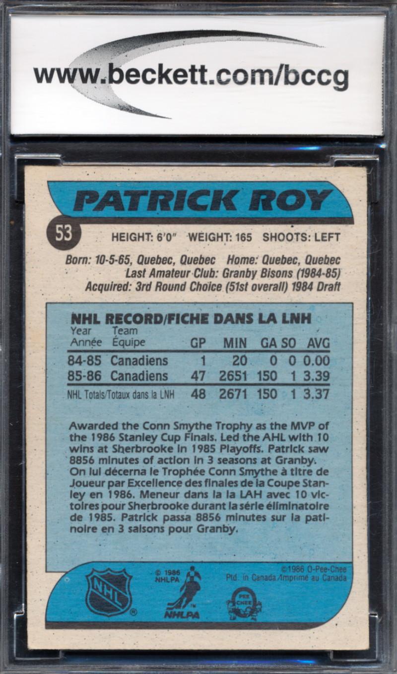 Patrick Roy 1986-87 O-Pee-Chee #53 RC (BCCG 8) at PristineAuction.com Patrick Roy 1986-87 O-Pee-Chee #53 RC (BCCG 8) at PristineAuction.com