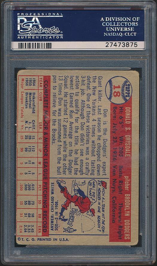 Don Drysdale Signed 1957 Topps #18 RC (PSA) at PristineAuction.com Don Drysdale Signed 1957 Topps #18 RC (PSA) at PristineAuction.com