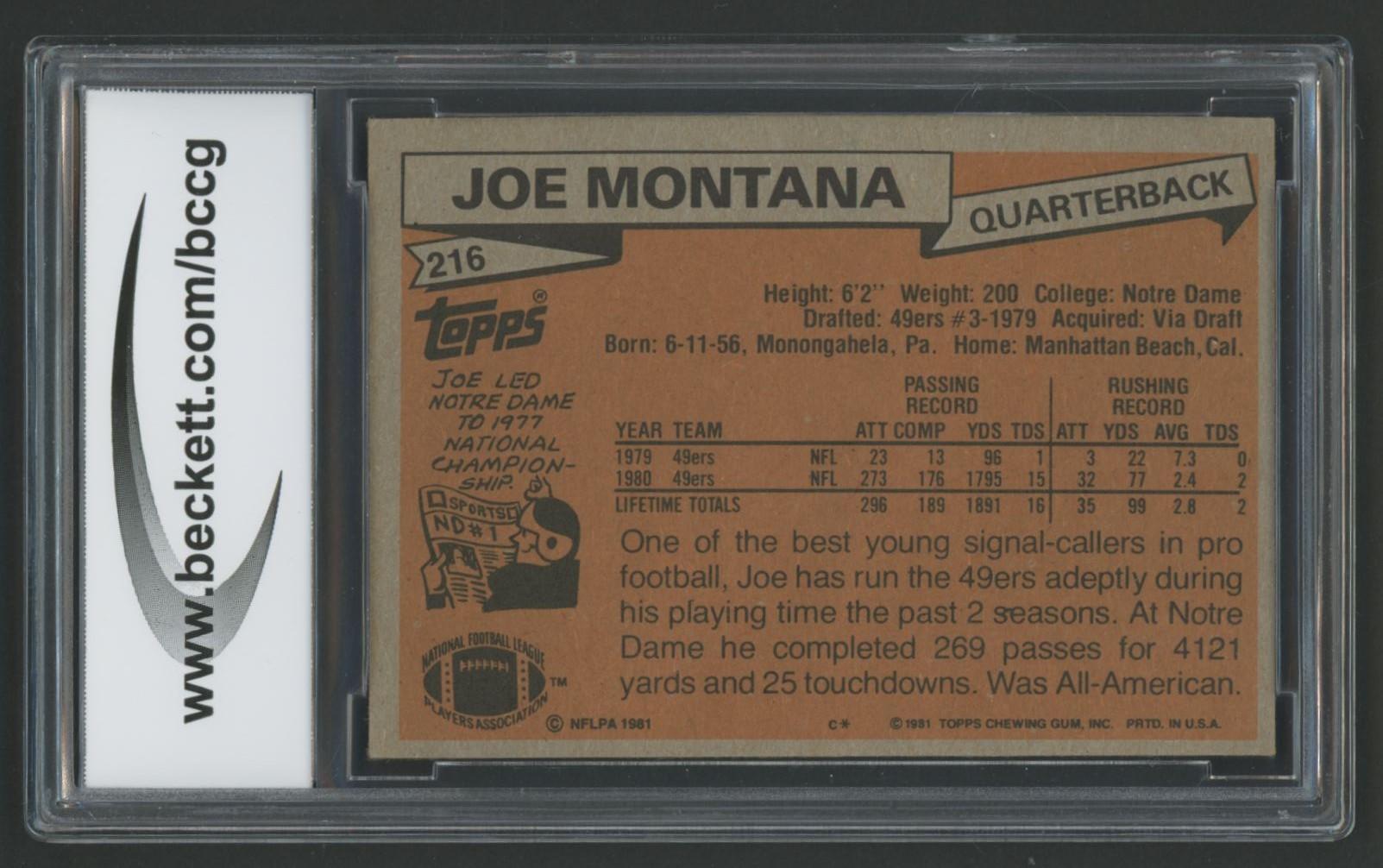 Joe Montana 1981 Topps #216 RC (BCCG 9) at PristineAuction.com Joe Montana 1981 Topps #216 RC (BCCG 9) at PristineAuction.com