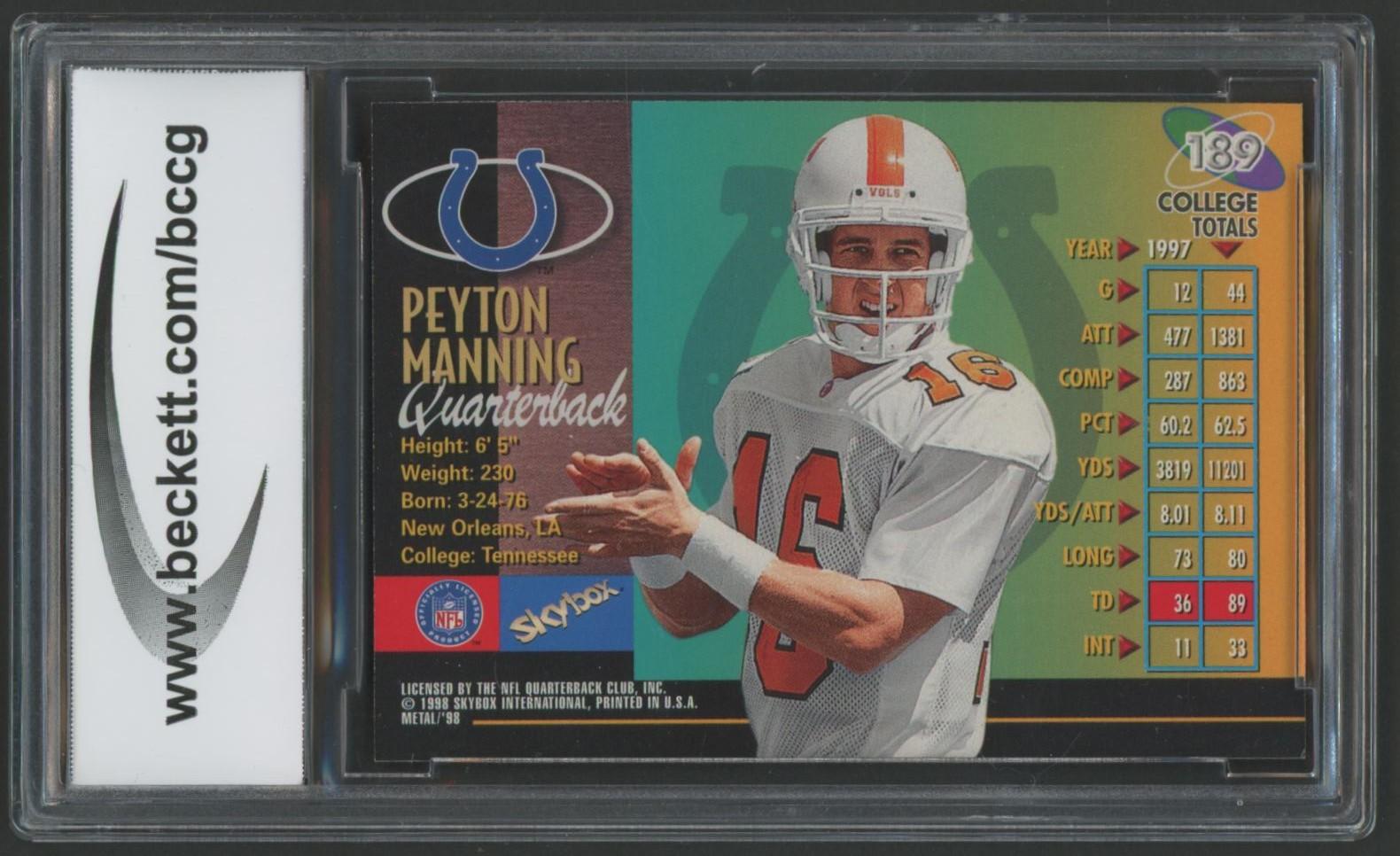 Peyton Manning 1998 Metal Universe #189 RC (BCCG 10) at PristineAuction.com Peyton Manning 1998 Metal Universe #189 RC (BCCG 10) at PristineAuction.com
