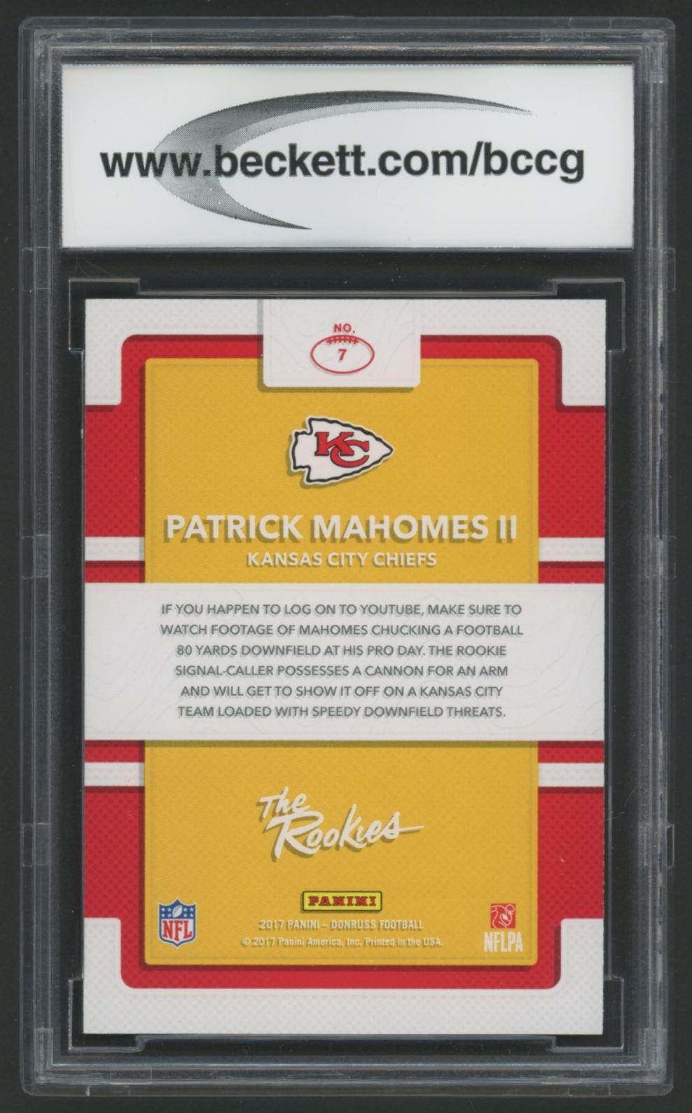 Patrick Mahomes II 2017 Donruss The Rookies #7 RC (BCCG 9) at PristineAuction.com Patrick Mahomes II 2017 Donruss The Rookies #7 RC (BCCG 9) at PristineAuction.com