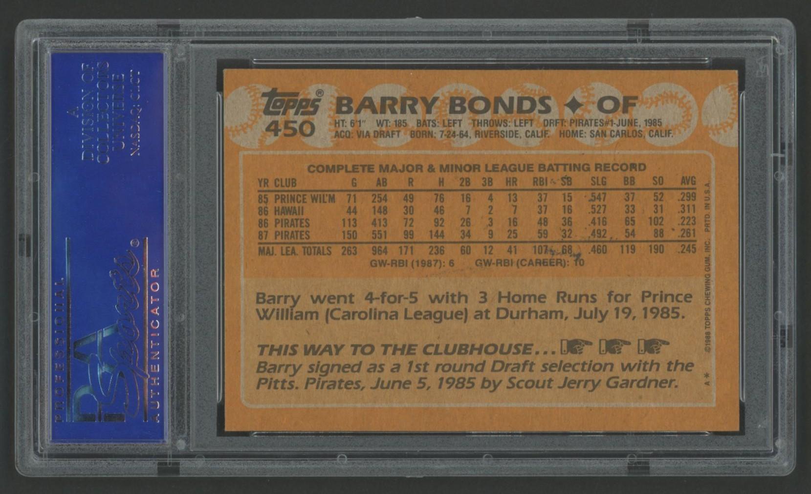 Barry Bonds Signed 1988 Topps #450 (PSA) at PristineAuction.com Barry Bonds Signed 1988 Topps #450 (PSA) at PristineAuction.com