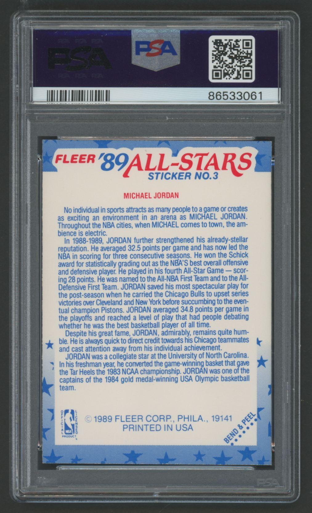 Michael Jordan 1989 Fleer Sticker #3 (PSA 8) at PristineAuction.com Michael Jordan 1989 Fleer Sticker #3 (PSA 8) at PristineAuction.com