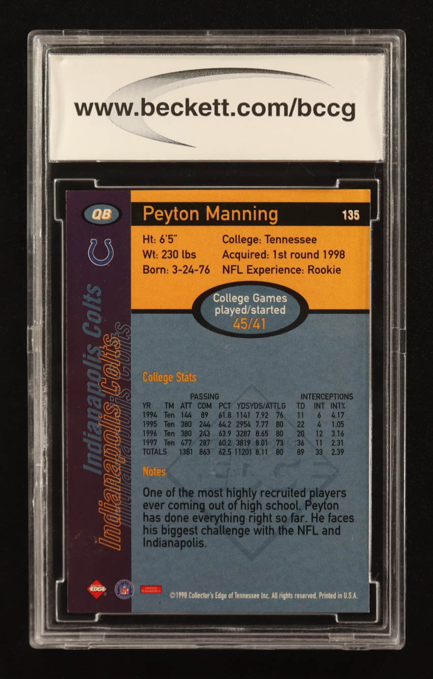 Peyton Manning 1998 Collector's Edge First Place #135 RC (BCCG 10) at PristineAuction.com Peyton Manning 1998 Collector's Edge First Place #135 RC (BCCG 10) at PristineAuction.com