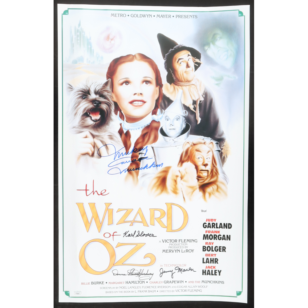"The Wizard of Oz" 16x24 Poster Cast-Signed by (4) with Mickey Carroll, Jerry Maren, Karl Slover, & Donna Stewart Hardway Inscribed "Munchkin" (JSA) at PristineAuction.com