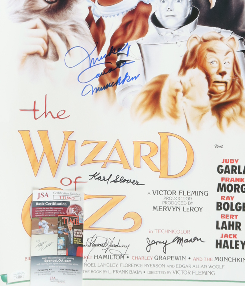 "The Wizard of Oz" 16x24 Poster Cast-Signed by (4) with Mickey Carroll, Jerry Maren, Karl Slover, & Donna Stewart Hardway Inscribed "Munchkin" (JSA) at PristineAuction.com "The Wizard of Oz" 16x24 Poster Cast-Signed by (4) with Mickey Carroll, Jerry Maren, Karl Slover, & Donna Stewart Hardway Inscribed "Munchkin" (JSA) at PristineAuction.com