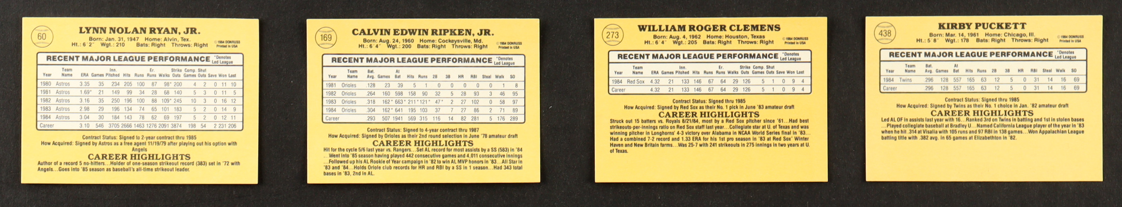 1985 Donruss Baseball Complete Set of (660) Cards with Roger Clemens #273 RC, Kirby Puckett #438 RC, Nolan Ryan #60, Cal Ripken Jr. #169 at PristineAuction.com 1985 Donruss Baseball Complete Set of (660) Cards with Roger Clemens #273 RC, Kirby Puckett #438 RC, Nolan Ryan #60, Cal Ripken Jr. #169 at PristineAuction.com
