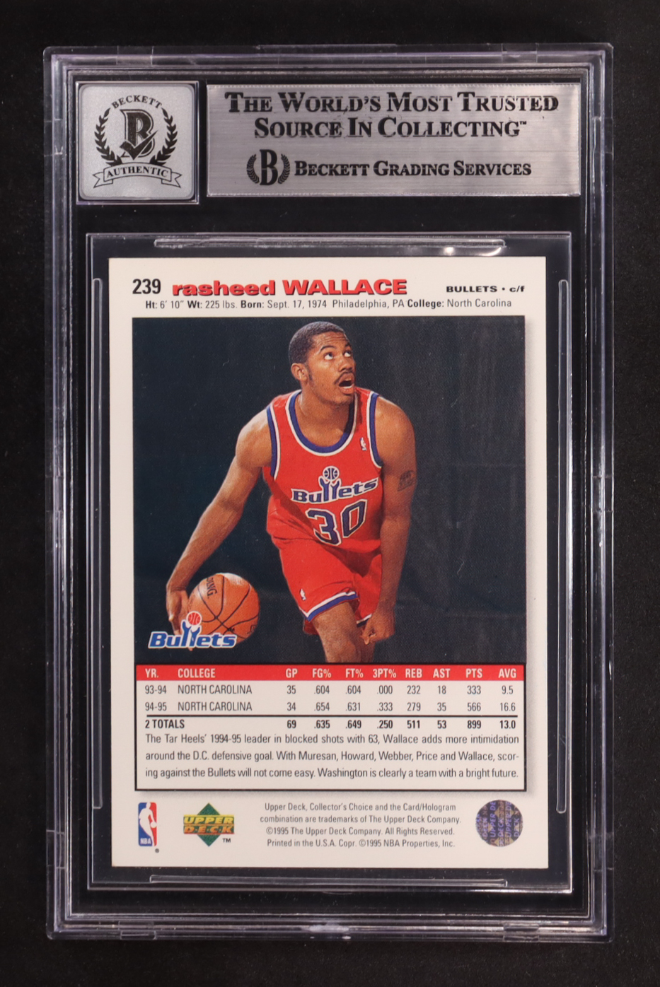 Rasheed Wallace Signed 1995-96 Collector's Choice #239 RC (BGS | Autograph Graded BGS 10) at PristineAuction.com Rasheed Wallace Signed 1995-96 Collector's Choice #239 RC (BGS | Autograph Graded BGS 10) at PristineAuction.com
